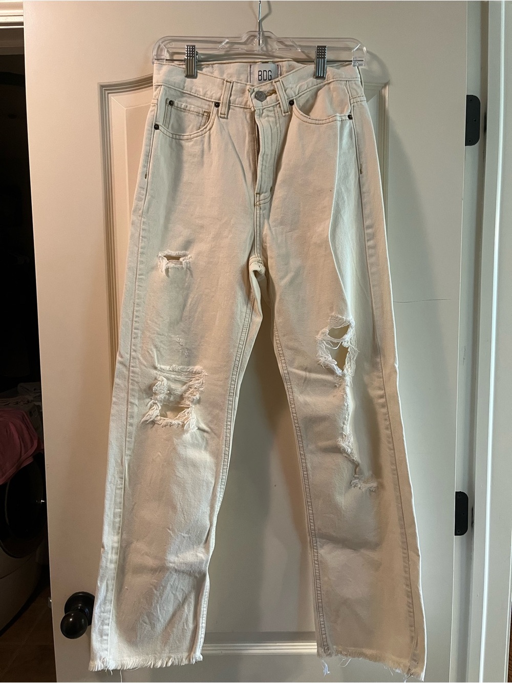 BDG Cream Distressed Straight Jeans